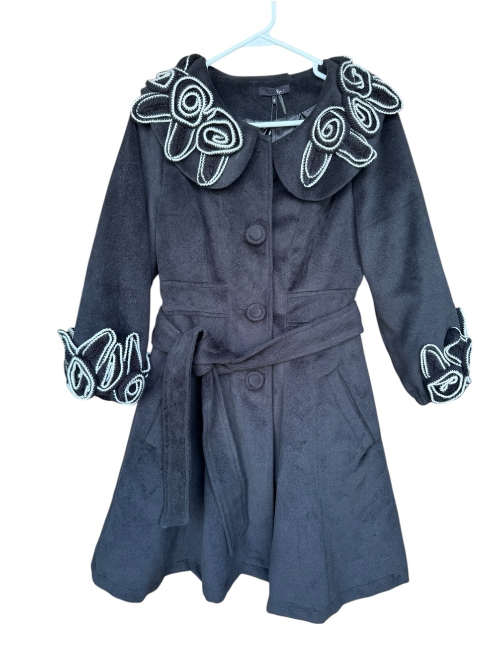 Ryu Anthropologie Black Rosette Swing Coat Women’s S NWT Belted Statement $155